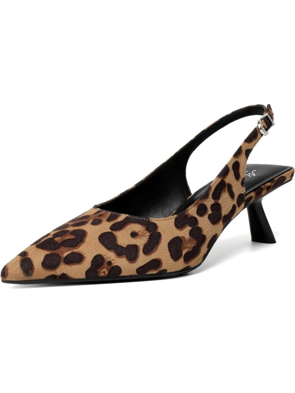 Women's Pointed Toe Patent Leather Leopard Low Slingback Heels Buckle Shoes